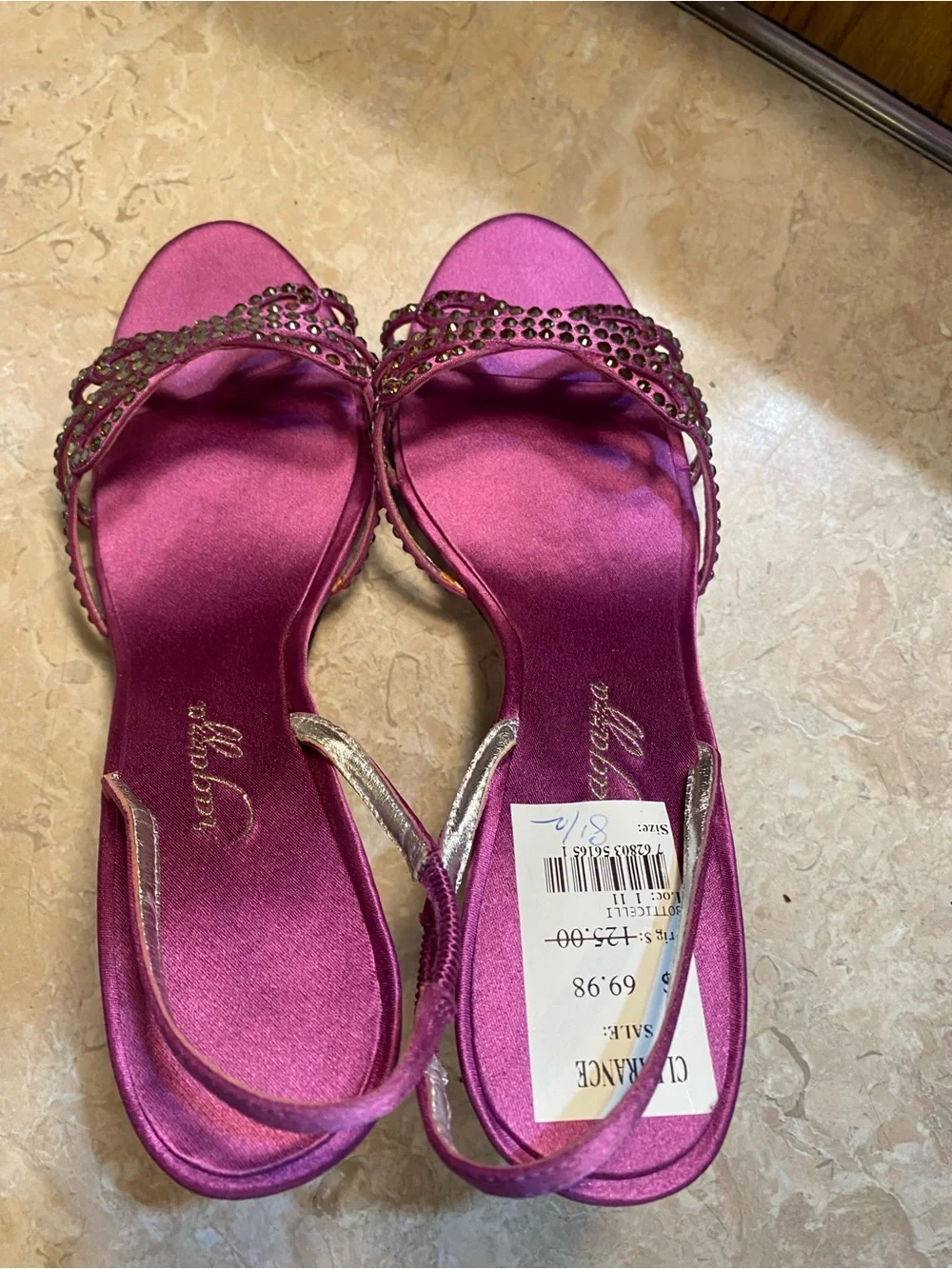 Roberto Botticelli Fuchsia Satin Slingback Heels with Crystal Accents